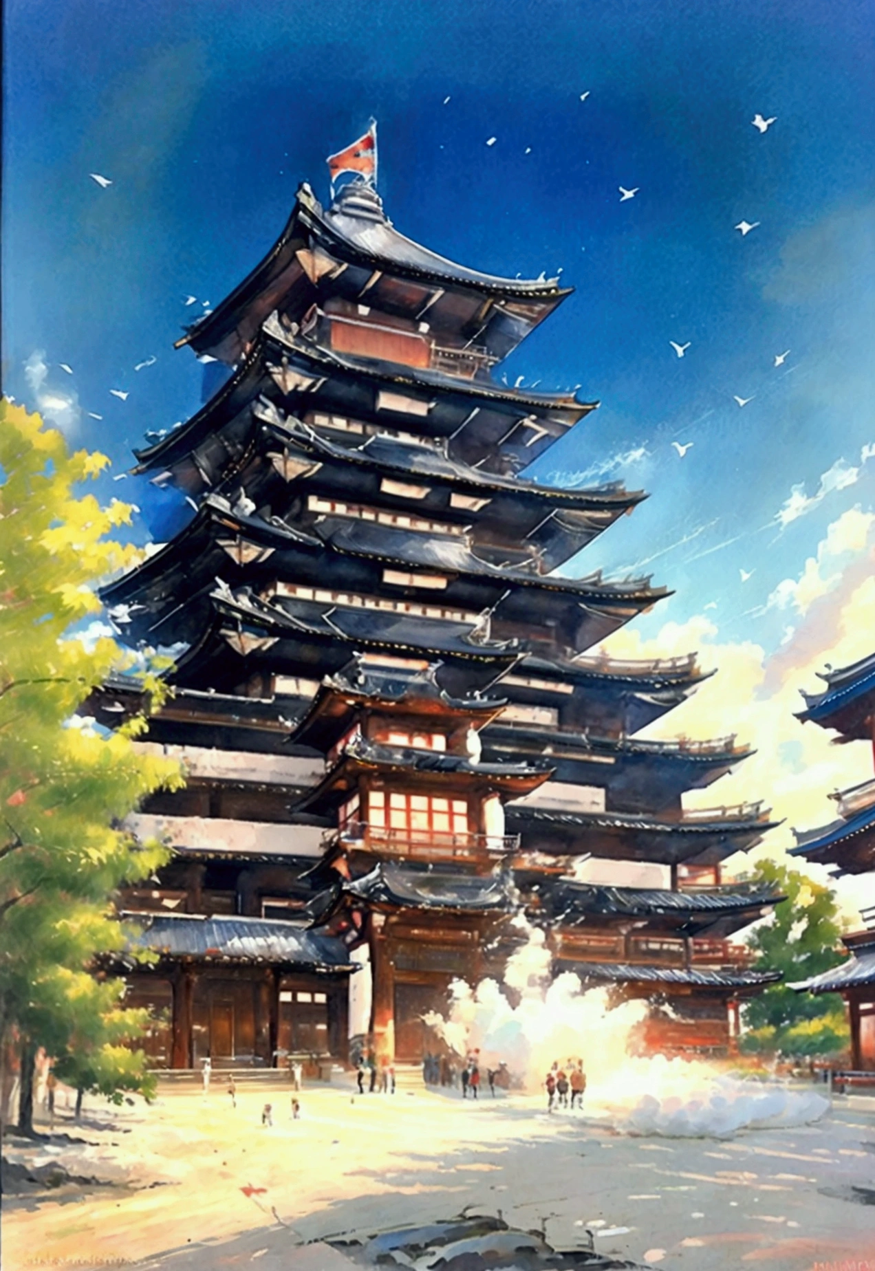 Landscape painting、Summer festival、Japan、Bon dance、Oil、Low contrast colors,Honnoji Temple