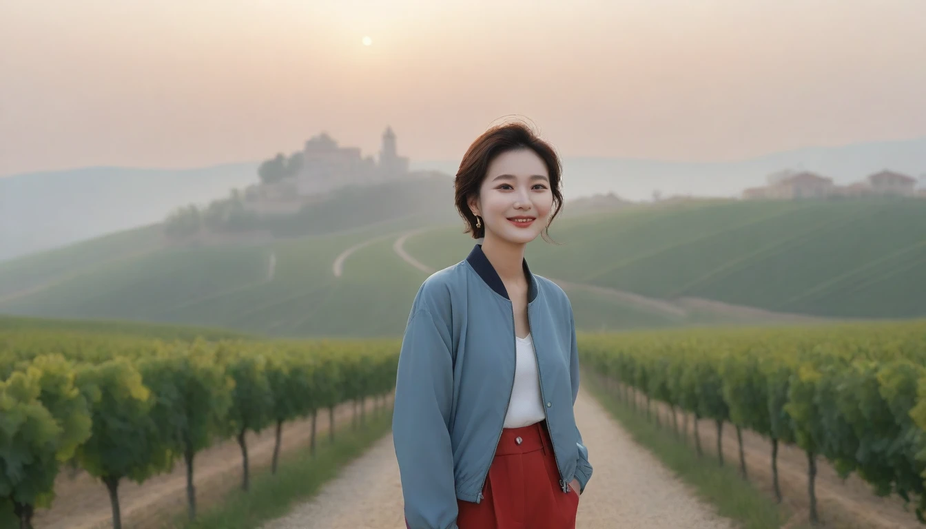 8k realistic, lifelike photo,, 36 year old Korean woman, Short in stature, pretty like a model. High-end luxury brand windbreaker, casual pants, short medium hair, Smiley, Italy. vineyard, thick dawn fog. vineyard 멀리 짙은 안개 속으로 마을이 보인다. 1 woman, Short in stature, Excellent picture quality, The morning fog is thick, The picture quality is alive. 옆면 look up, sunrise red light, A monastery can be seen in the distance, . Smiley, Wide angle lens upper body shot, look up, standing on the path, Show the pants part