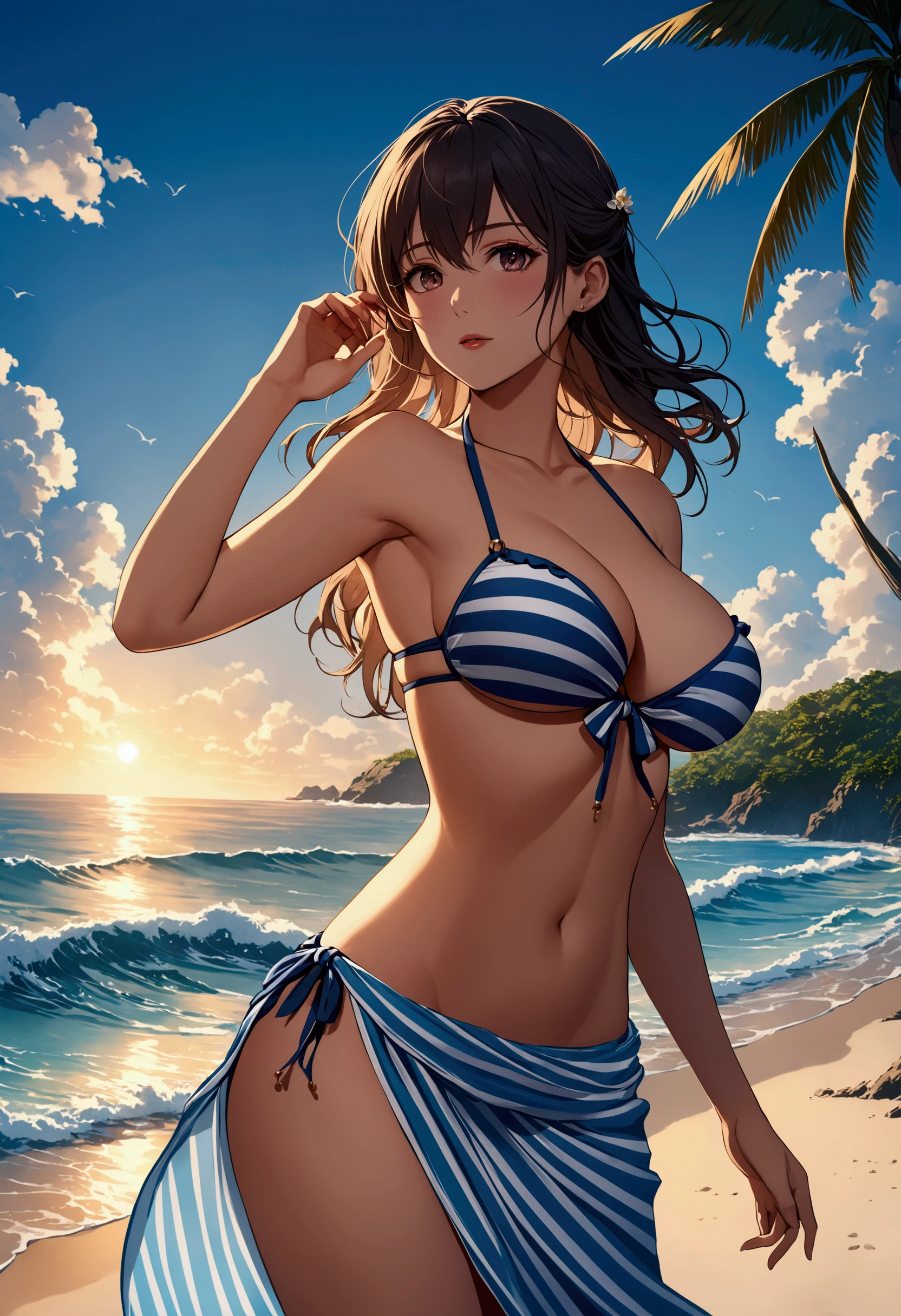 (masterpiece, best quality, high resolution), 1girl bikini ocean large breast sarong frilled stripe bikini