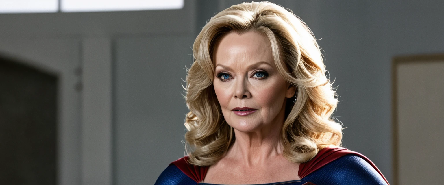 Jean Smart Supergirl; HD. Photograph, ((realism)), extremely high quality RAW photograph, ultra detailed photograph, sharp focus, high resolution, (detailed skin:1,3),high quality, film grain, Fujifilm XT3,Highly Detailed, movie, (Cinematic Photo:1.3) of (Realistic:1.3); 2000s movies