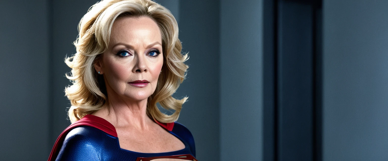 Jean Smart Supergirl; HD. Photograph, ((realism)), extremely high quality RAW photograph, ultra detailed photograph, sharp focus, high resolution, (detailed skin:1,3),high quality, film grain, Fujifilm XT3,Highly Detailed, movie, (Cinematic Photo:1.3) of (Realistic:1.3); 2000s movies