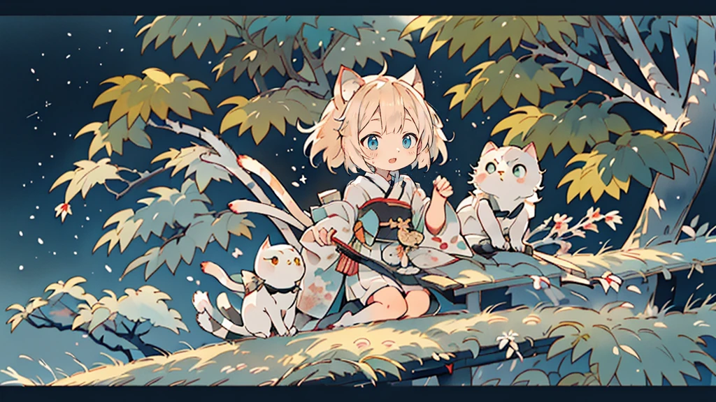 (Highest quality,ukiyo-e bonito:1.2),two,Albino owl in a tree,Calm moonlit night,Traditional Japanese art style,Breathtaking natural beauty,Subtle color palette,Fantastic lighting、Cat girl,cute anime Cat girl, anime Cat girl, anime、Blonde Hair、Short Hair、Turquoise Eyes、Cat ear