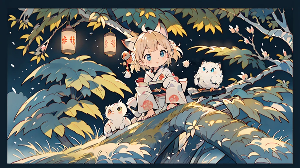 (Highest quality,ukiyo-e bonito:1.2),two,Albino owl in a tree,Calm moonlit night,Traditional Japanese art style,Breathtaking natural beauty,Subtle color palette,Fantastic lighting、Cat girl,cute anime Cat girl, anime Cat girl, anime、Blonde Hair、Short Hair、Turquoise Eyes、Cat ear