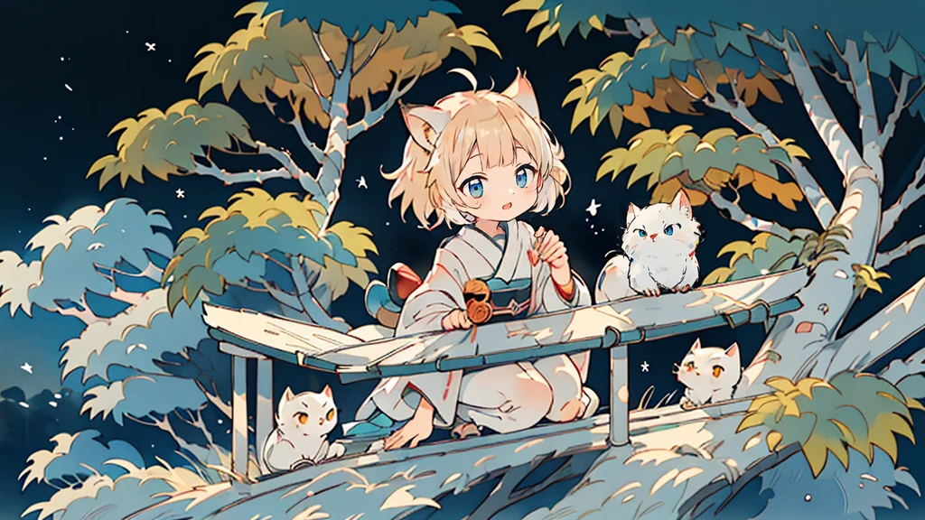 (Highest quality,ukiyo-e bonito:1.2),two,Albino owl in a tree,Calm moonlit night,Traditional Japanese art style,Breathtaking natural beauty,Subtle color palette,Fantastic lighting、Cat girl,cute anime Cat girl, anime Cat girl, anime、Blonde Hair、Short Hair、Turquoise Eyes、Cat ear