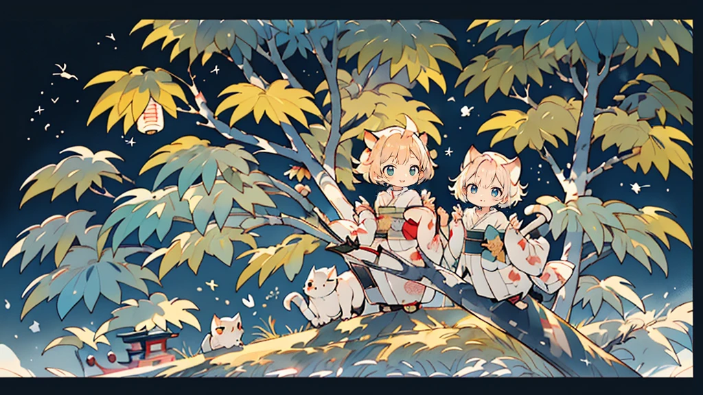 (Highest quality,ukiyo-e bonito:1.2),two,Albino owl in a tree,Calm moonlit night,Traditional Japanese art style,Breathtaking natural beauty,Subtle color palette,Fantastic lighting、Cat girl,cute anime Cat girl, anime Cat girl, anime、Blonde Hair、Short Hair、Turquoise Eyes、Cat ear