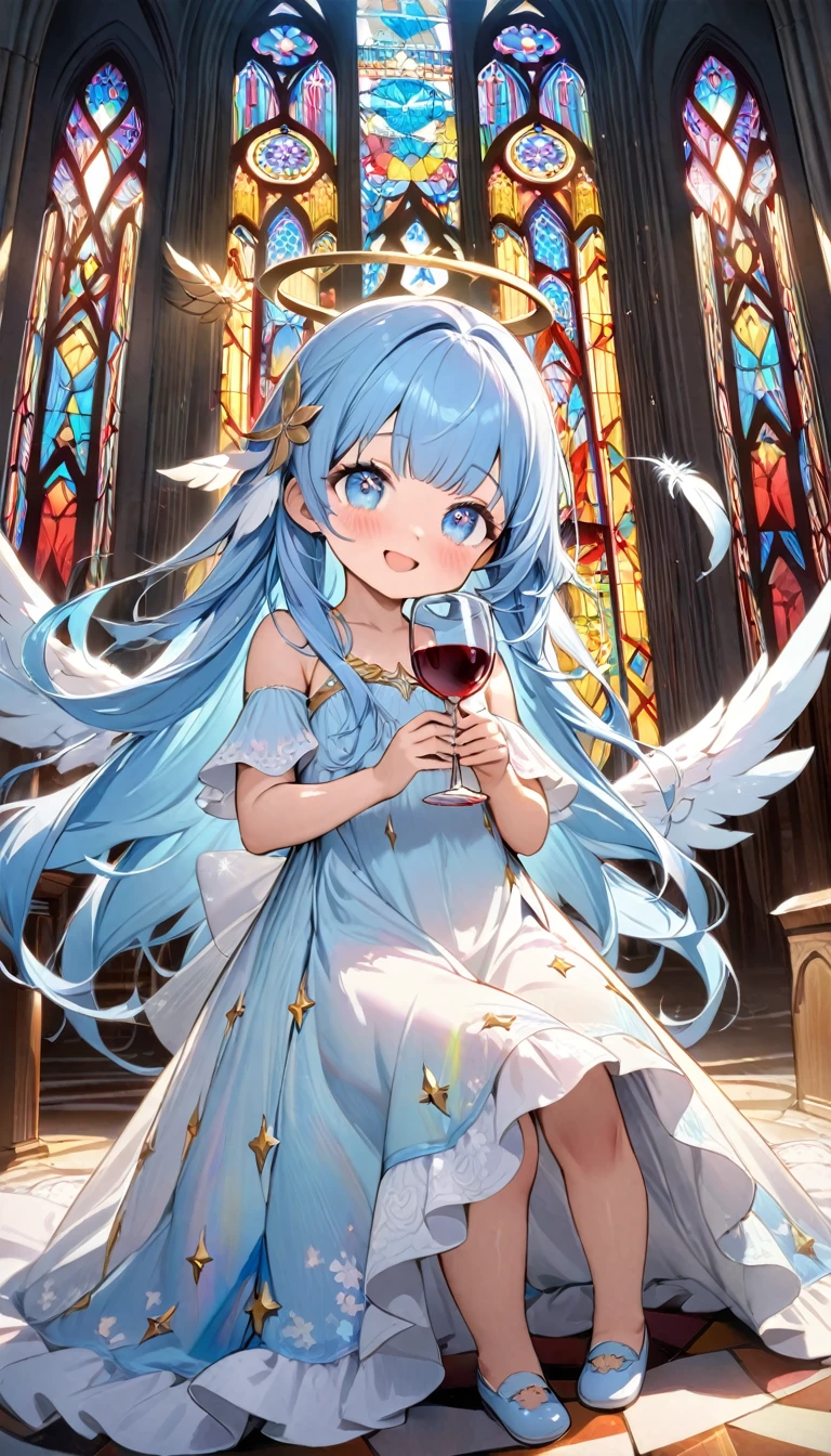 masterpiece, best quality, extremely detailed, (illustration, official art:1.1), 1 girl ,(((( light blue long hair)))), ,(((( light blue long hair)))),light blue hair , , long hair ((blush)) , cute face, big eyes, masterpiece, best quality,(((((a very delicate and beautiful girl))))),Amazing,beautiful detailed eyes,blunt bangs(((( little delicate girl)))),tareme(true beautiful:1.2), sense of depth,dynamic angle,,,, affectionate smile, (true beautiful:1.2),,(tiny 1girl model:1.2),)(flat chest) ,nijijourneywaterpainting, angel have wine, cathedral --niji 6ChromaFT_v3(best quality), (beautiful detailed eyes), (ultra-detailed), (finely detail), (highres), (baby:1.2), (toddler:1.5), (Four Feathers angel Victory), (happy:1.2), angel have wine, cathedral, (stained glass:1.3), (gold decorated:1.2), (scattered gems:1.2), (wine:1.2),fullbody,