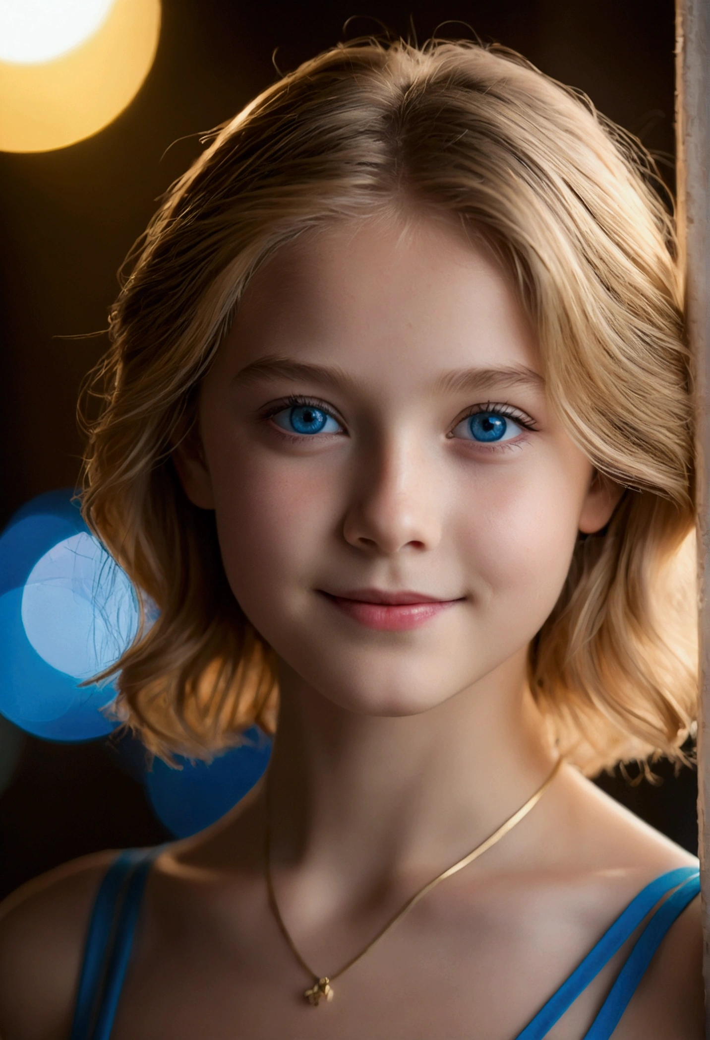 night, Raw photo, (((Very beautiful portrait))), (Very beautiful portrait))), girl, 12-year-old girl, ((Natural short golden hair)), [Blue eyes],A gentle smile looking at the camera(Cleavage), ((masterpiece, 最high quality, Super detailed, Cinematic lighting, Exquisite detail, High resolution, 8k, Very detailed)), Detailed Background, 8K Ultra HD, Digital SLR, Soft lighting, high quality, Film Grain, Fujifilm XT3, Shallow depth of field, Natural light