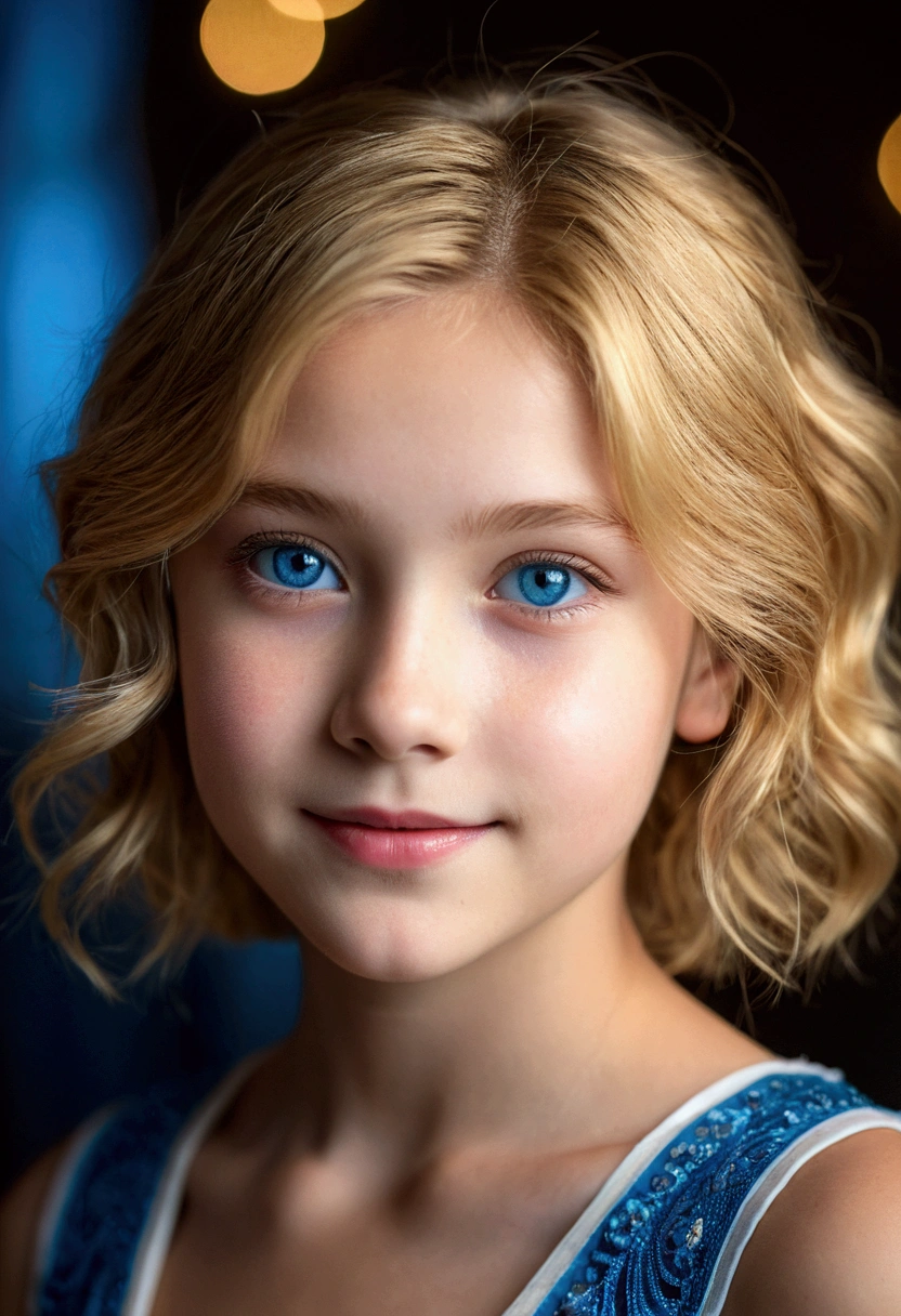 A  daughter with dark blonde hair and light blue eyes wearing a light blue dress and light blue hair ribbons