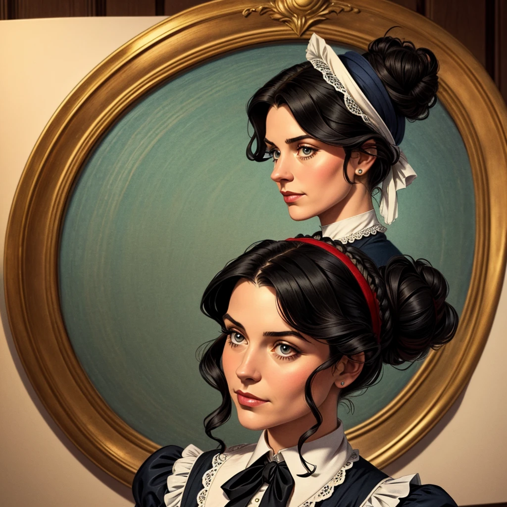 A colored pencil drawing of a pretty victorian governess, curly black hair. Kind and inteligent energy. hair in bun, hat