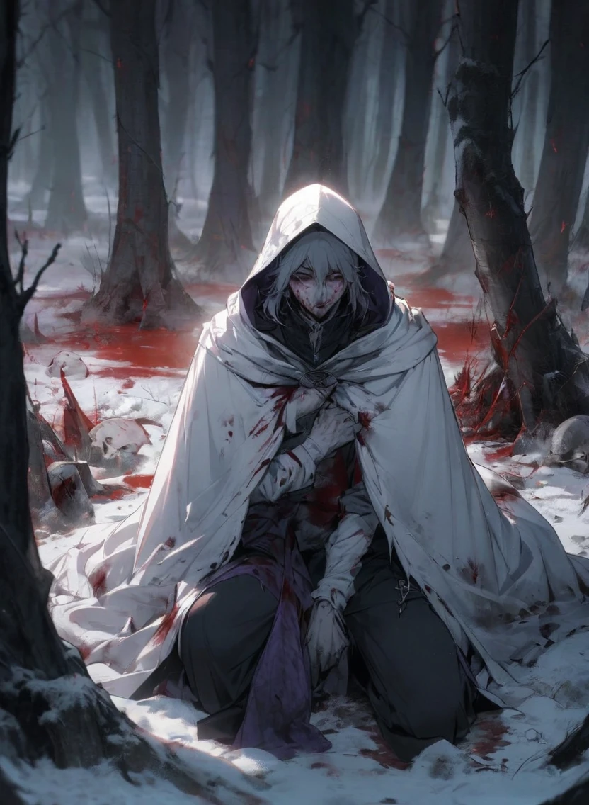 male warlock dnd, undead body, wearing a bloodstained white hood cloak with a blood, in a dark forest, surrounded by a cold