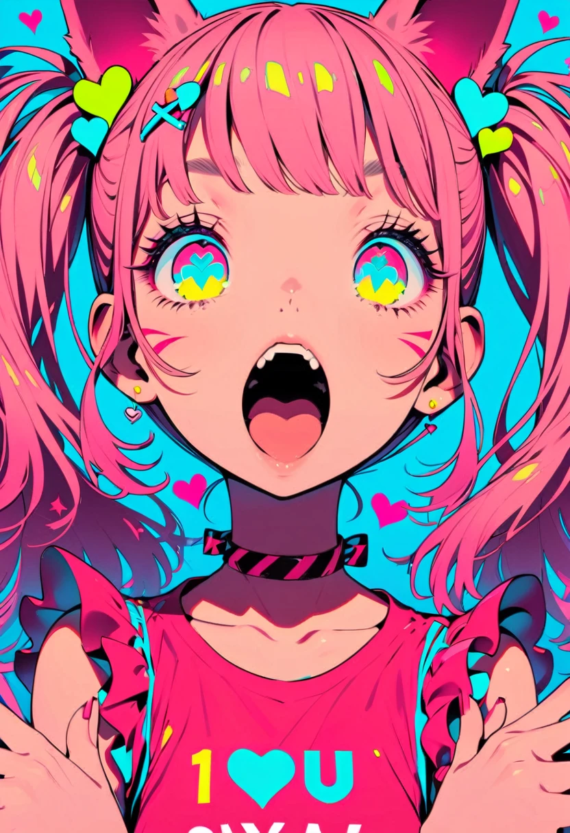 Style 11,One girl, heart, alone, Pink Hair, Open your mouth, Animal ears, hair ornaments, Twin tails