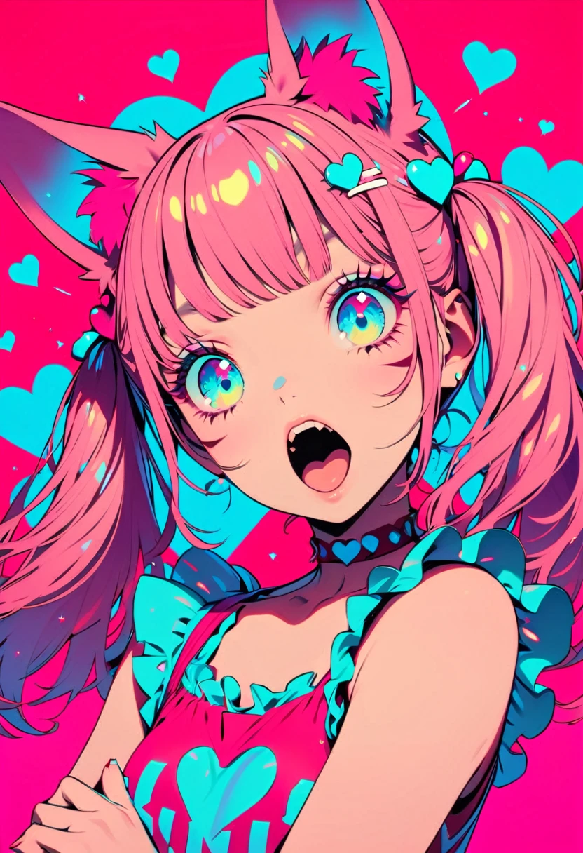 Style 11,One girl, heart, alone, Pink Hair, Open your mouth, Animal ears, hair ornaments, Twin tails
