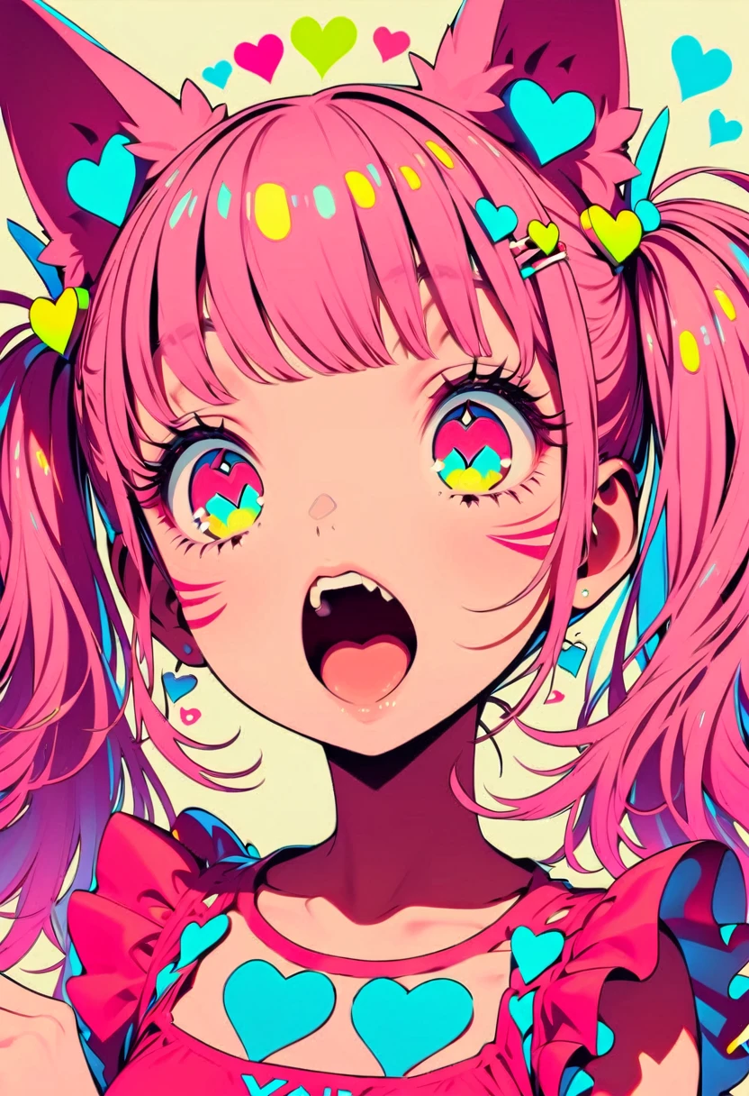 Style 11,One girl, heart, alone, Pink Hair, Open your mouth, Animal ears, hair ornaments, Twin tails