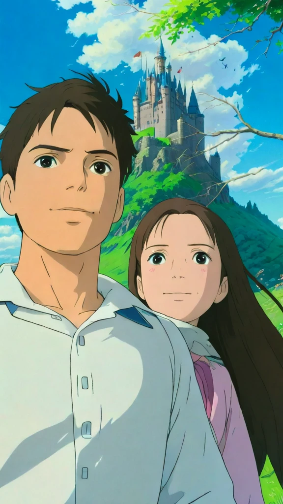 A man and woman standing in front of a castle - SeaArt AI