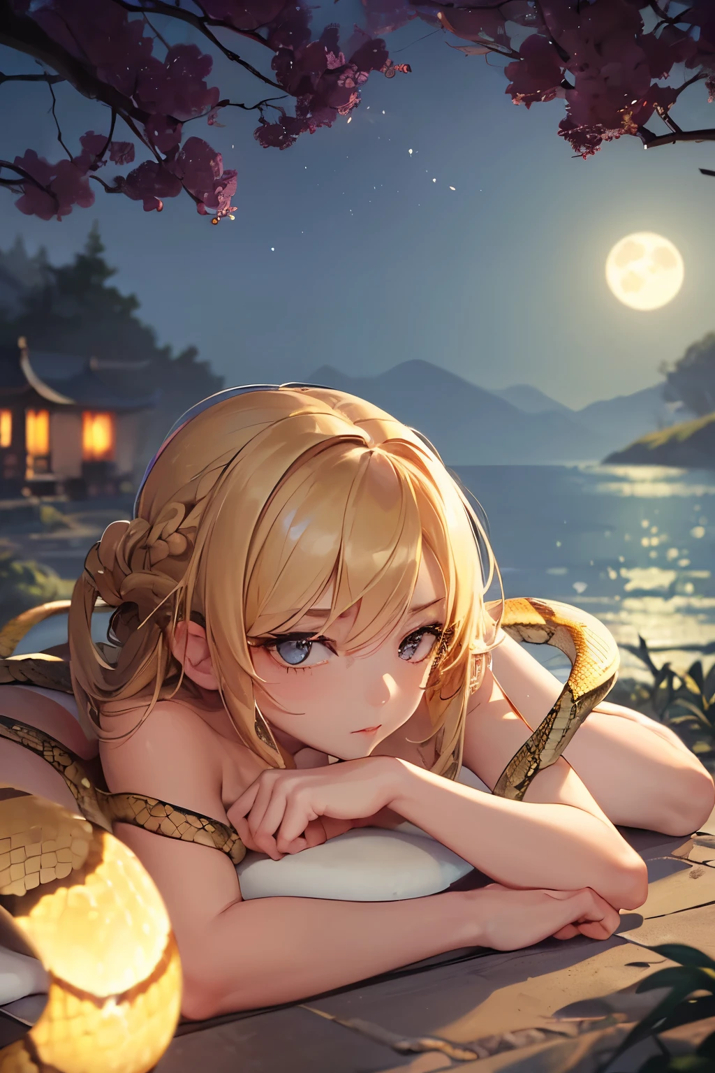(((The snake was coiled))),(((Lying down))),(((naked))),petitgirl with blonde twin tail,Masterpiece, best quality, outdoor, night, full moon, lakeside, Branches, Chinese style, ancient China, (((The snake was coiled))),(((Lying down))),(((naked)))