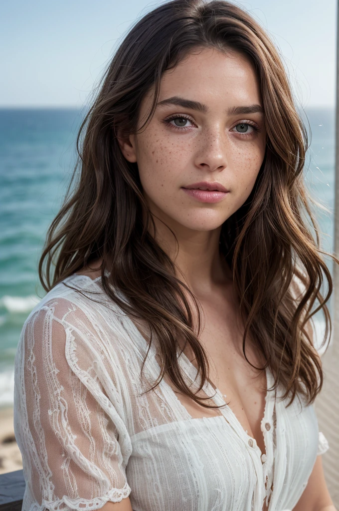 ((best quality, Exceptional quality)), ((better skin texture, premium quality material)), (portrait du haut du corps, Point de vue), Beautiful brunette with green eyes, freckle on face, long wavy hair