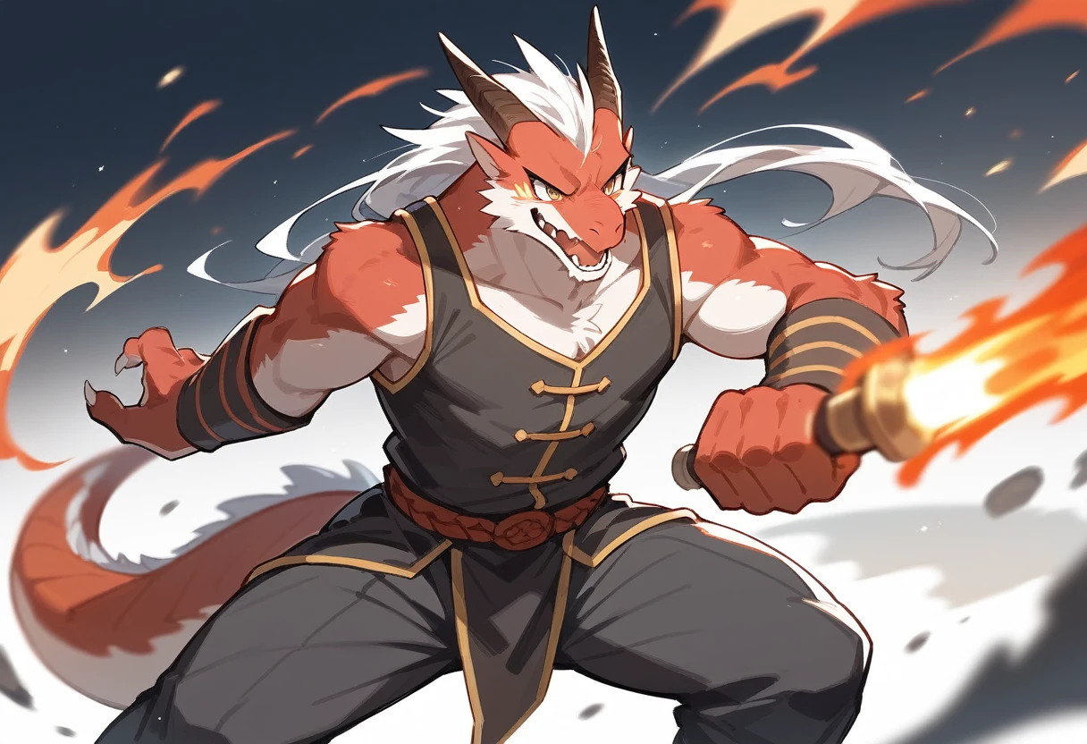 top quality, high-quality illustrations((masterpiece))depth of field, motion blur, absurdres, Perfect Anatomy, magnificent picture of kemono fighting fierce battles, kemono, 1boy, solo focus, Anthro((dramatic))epic, weapon, dynamic pose, One scene of movie,FURRY,dragon