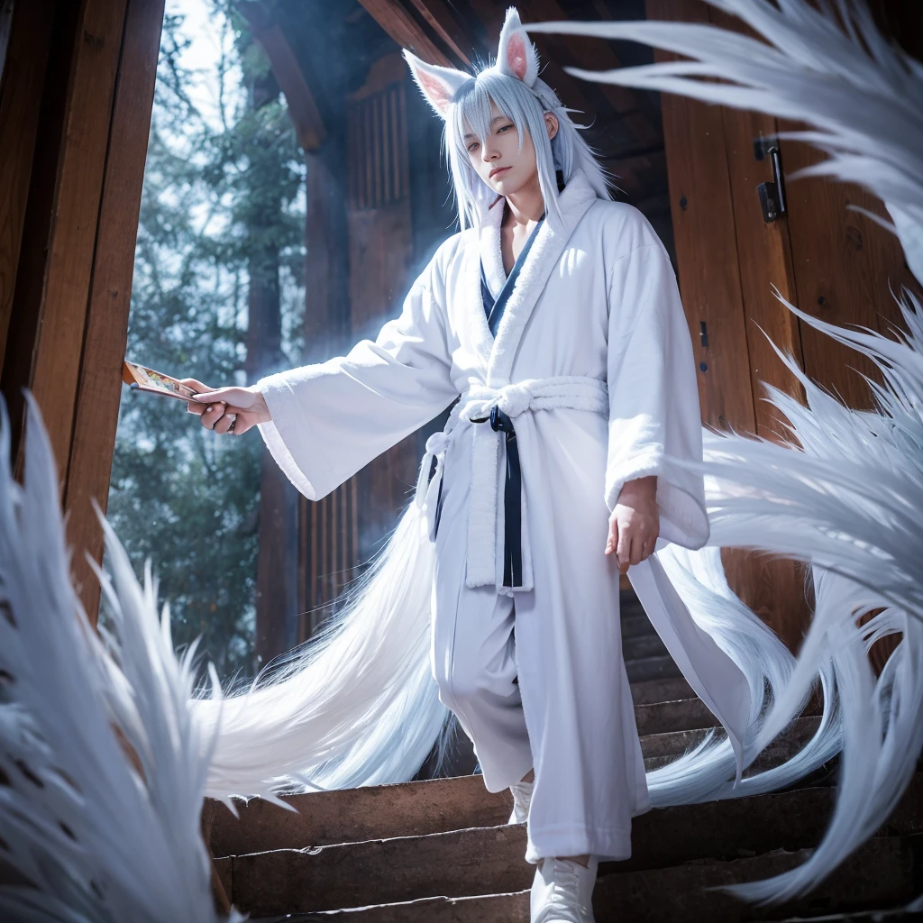 Nine-tailed Fox Beastman,White hair,White hair with light blue and lavender hair,masterpiece,White Robe,180,20 years old,Black boots,Wearing finger gloves,Nobleman,Retired military personnel,Coming down the stairs,Holding a closed folding fan in hand。