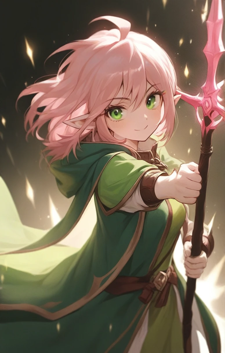 elf, woman, dnd, pink hair, adventurer, green cloak, elegant, wield staff, green eye, sun light, bust shot, flat chest, happy