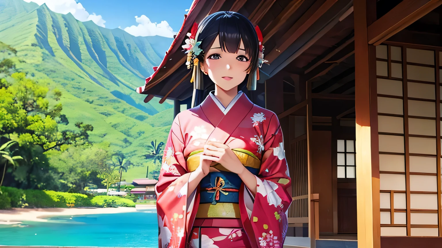Hawaiian scenery and a woman wearing a kimono。Sexy and charming。Cute