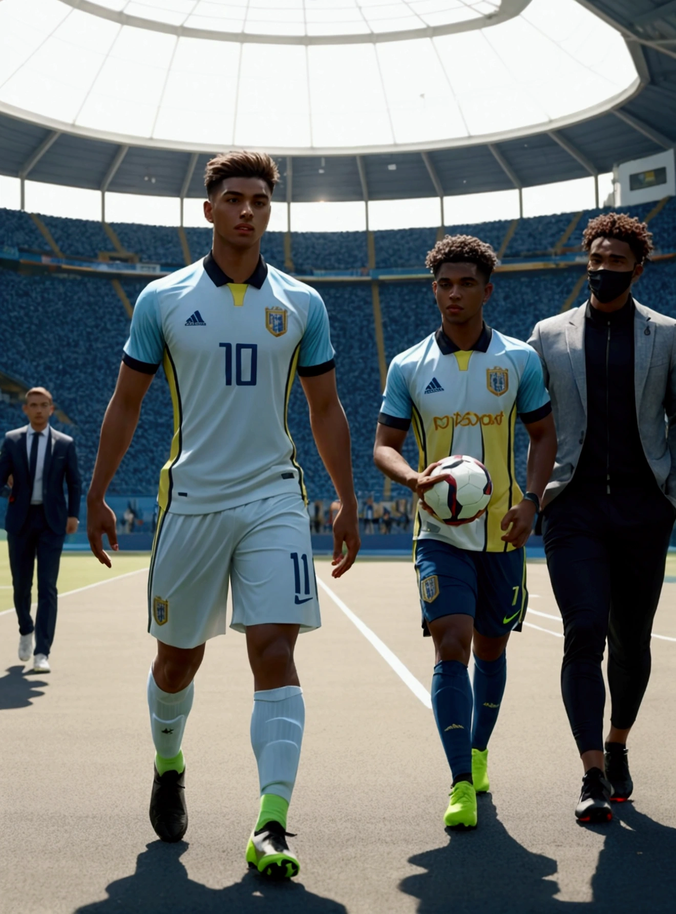 Male players walking towards a soccer football cup 