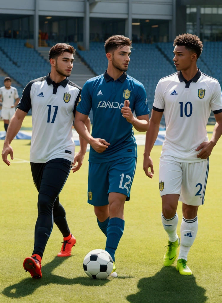 Male players walking towards a soccer football cup