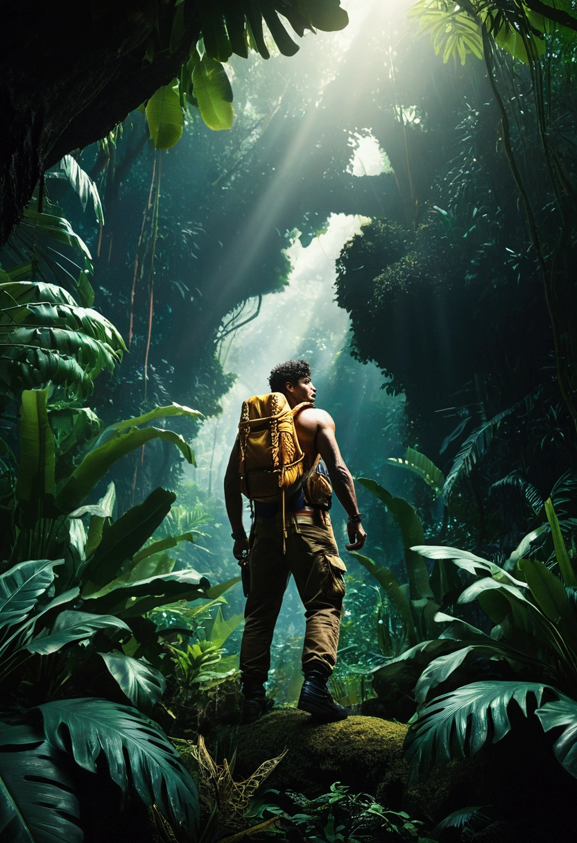 (Jungle Adventurer), against a dark background with a mysterious atmosphere and cool color tones with soft side lighting in the photography style of high contrast between light and shadow, glow effect, light leak, full body, award-winning, cinematic still, emotional, vignette, dynamic, vivid, (masterpiece, best quality, Professional, perfect composition, very aesthetic, absurdres, ultra-detailed, intricate details:1.3)