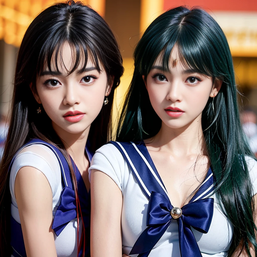 1 girl,long hair, (high quality,8K,green hair, realistic, high quality,masterpiece,Super detailed,organized)1.5,((Summer 1, tiara, Sailor Mercury Uniform, white gloves, Sky-blue sailor collar)),City of night,white gloves,blue-green ribbon,blue eye, (magical world,fire), (bust-up photo:1.5), yeji, yeji of itzy,kpop