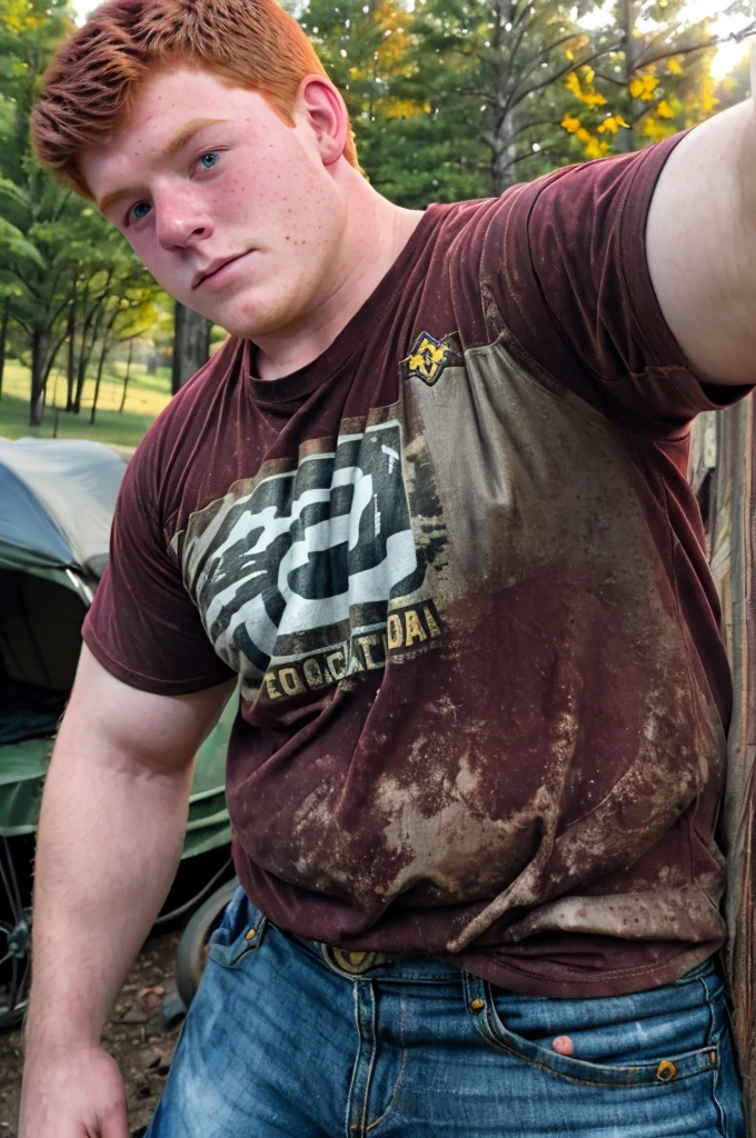 Candid photo of a (bully Appalachian redneck 20yo dg_Dale boy brother:1.1), closeup
dark red hair, t-shirt, detailed, outdoors, очень толстый, гигантский живот, ожирение
