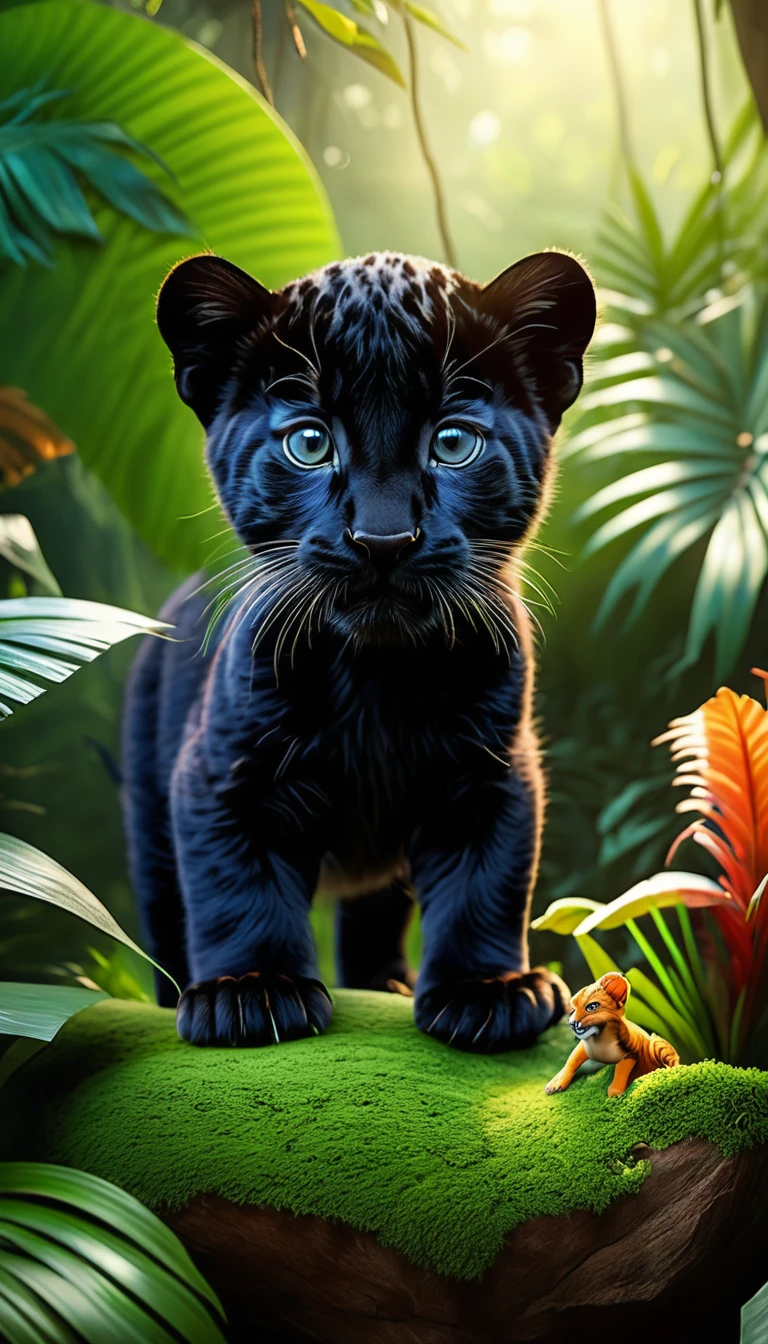 a little panther playing with other small animals in the jungle, learning about the world, experiencing adventures, detailed jungle environment, cute and playful expression, photorealistic style, vibrant colors, dramatic lighting, highly detailed, 4k, masterpiece