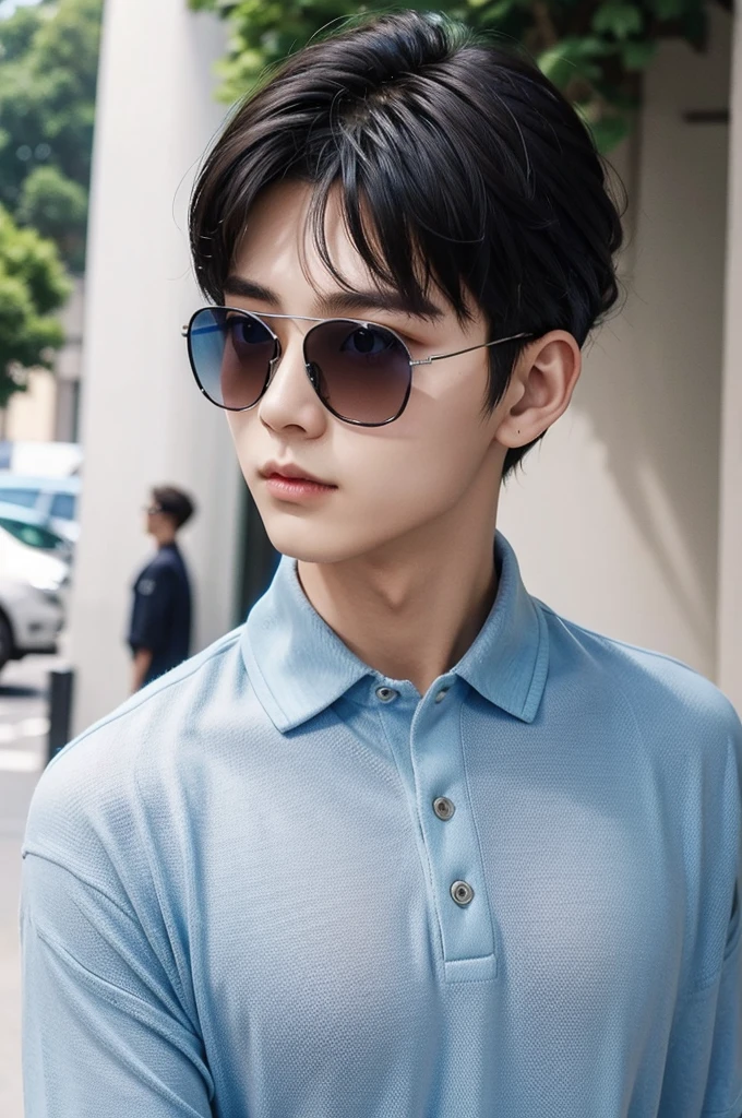 Hair up to the neck、male、Blue lens sunglasses、Silver Mesh、Polo shirt、