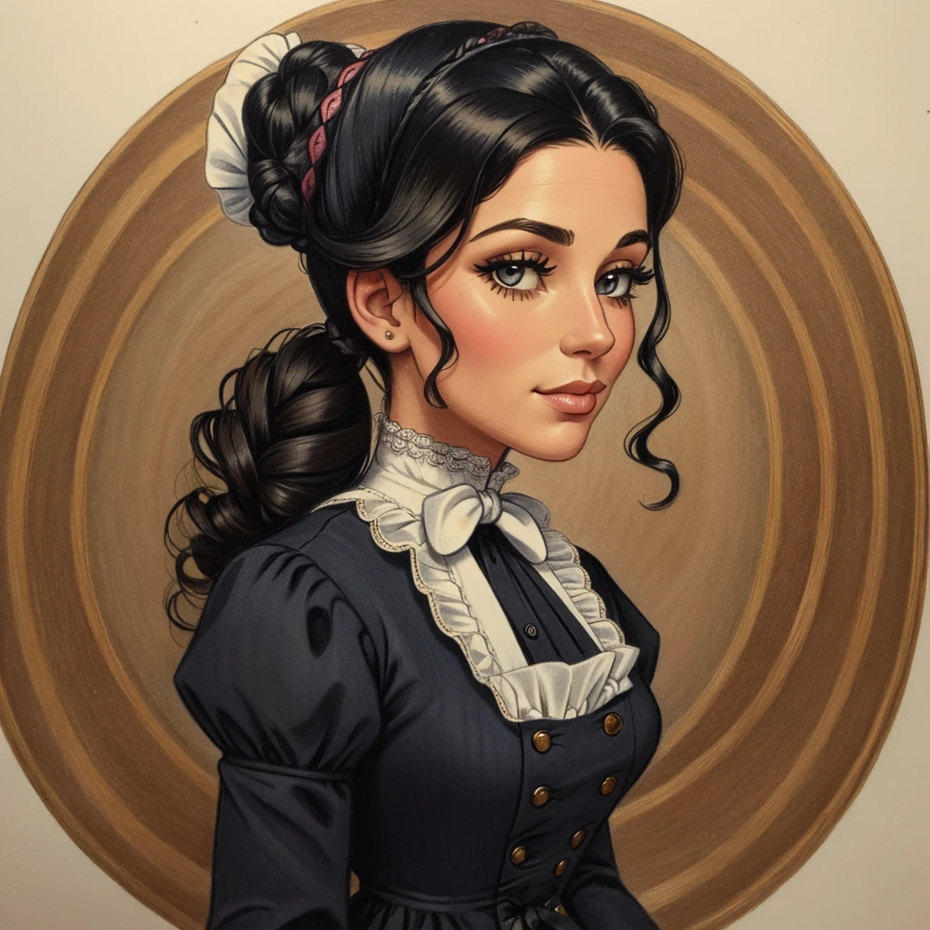 A colored pencil drawing of a pretty victorian governess, curly black hair. Kind and inteligent energy. hair in bun, hat
