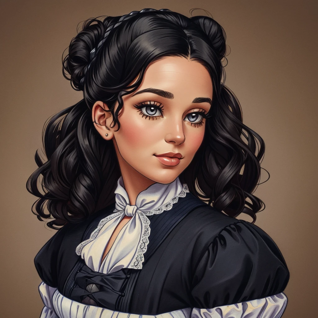 A colored pencil drawing of a pretty victorian governess, curly black hair. Kind and inteligent energy. hair in bun, hat
