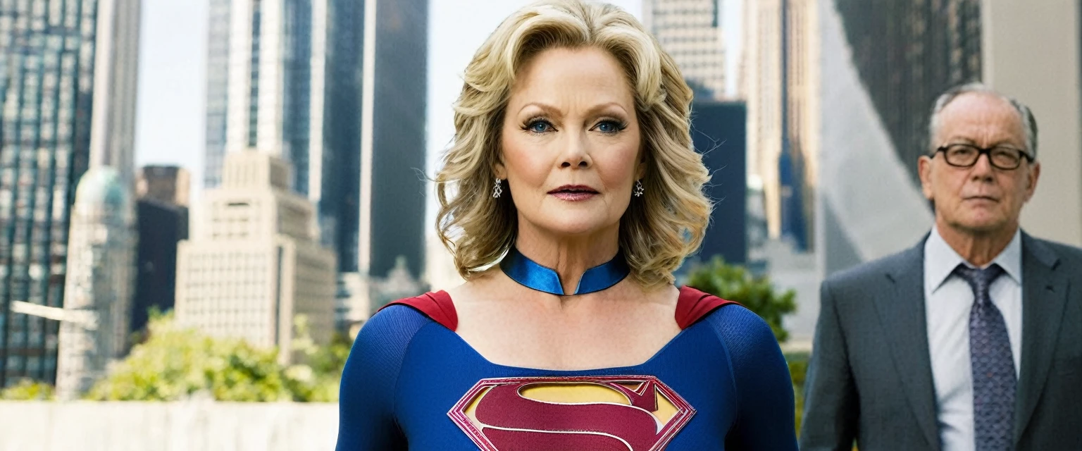 Powers of Jean Smart actress(powerful; trusting; higher) 2000 (((Woman defined body strong and firm large breasts; Supergirl 1984s costume dress))) as Supergirl(((Filme da Supergirl de 2000 de Jean Smart actress))); floating in mid - air.