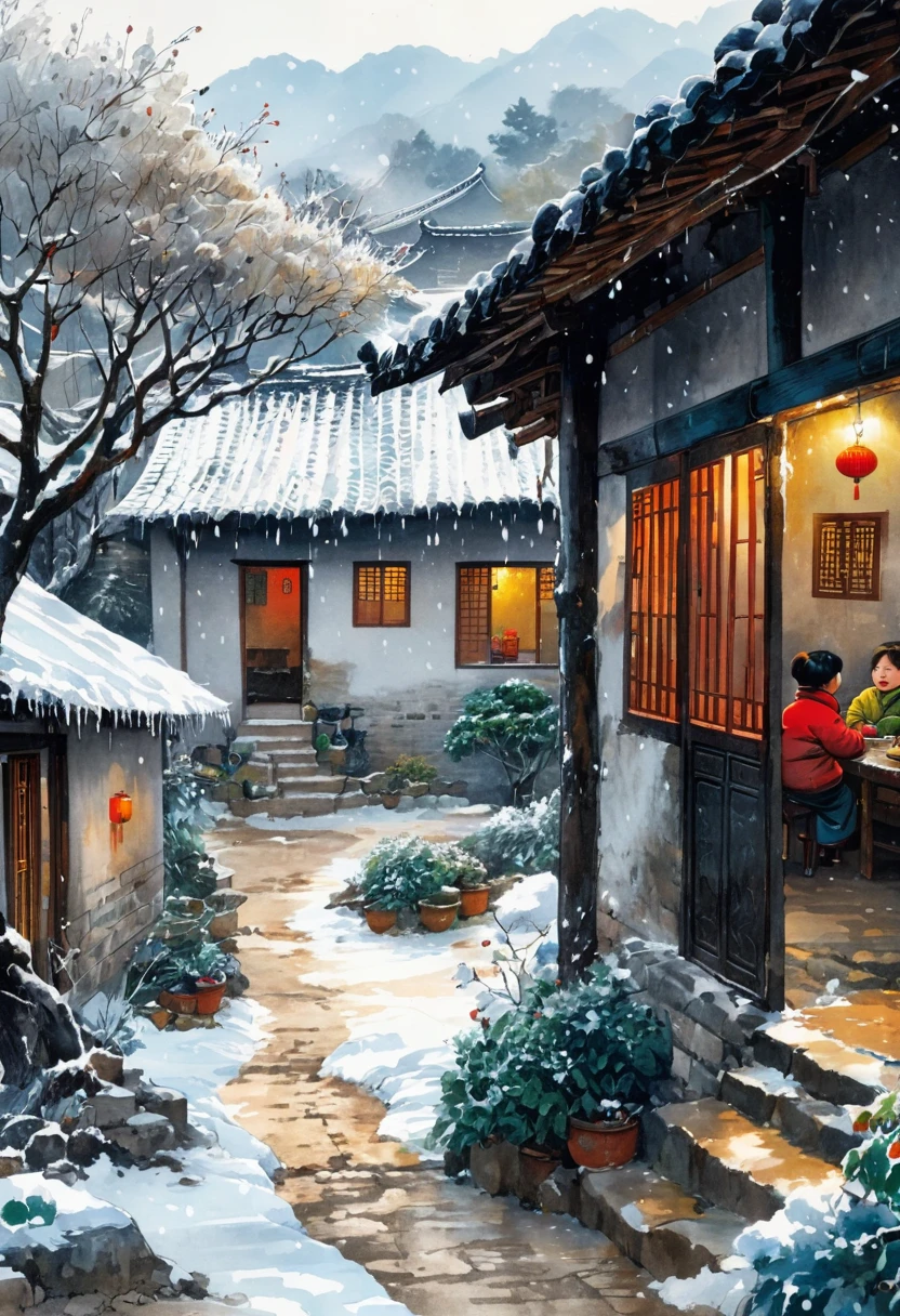 Ink Painting：China 70s，winter，heavy snow，Village courtyard，Warm home，patio，Icicles on the eaves，Tree，Dirt paths，Happy little ones