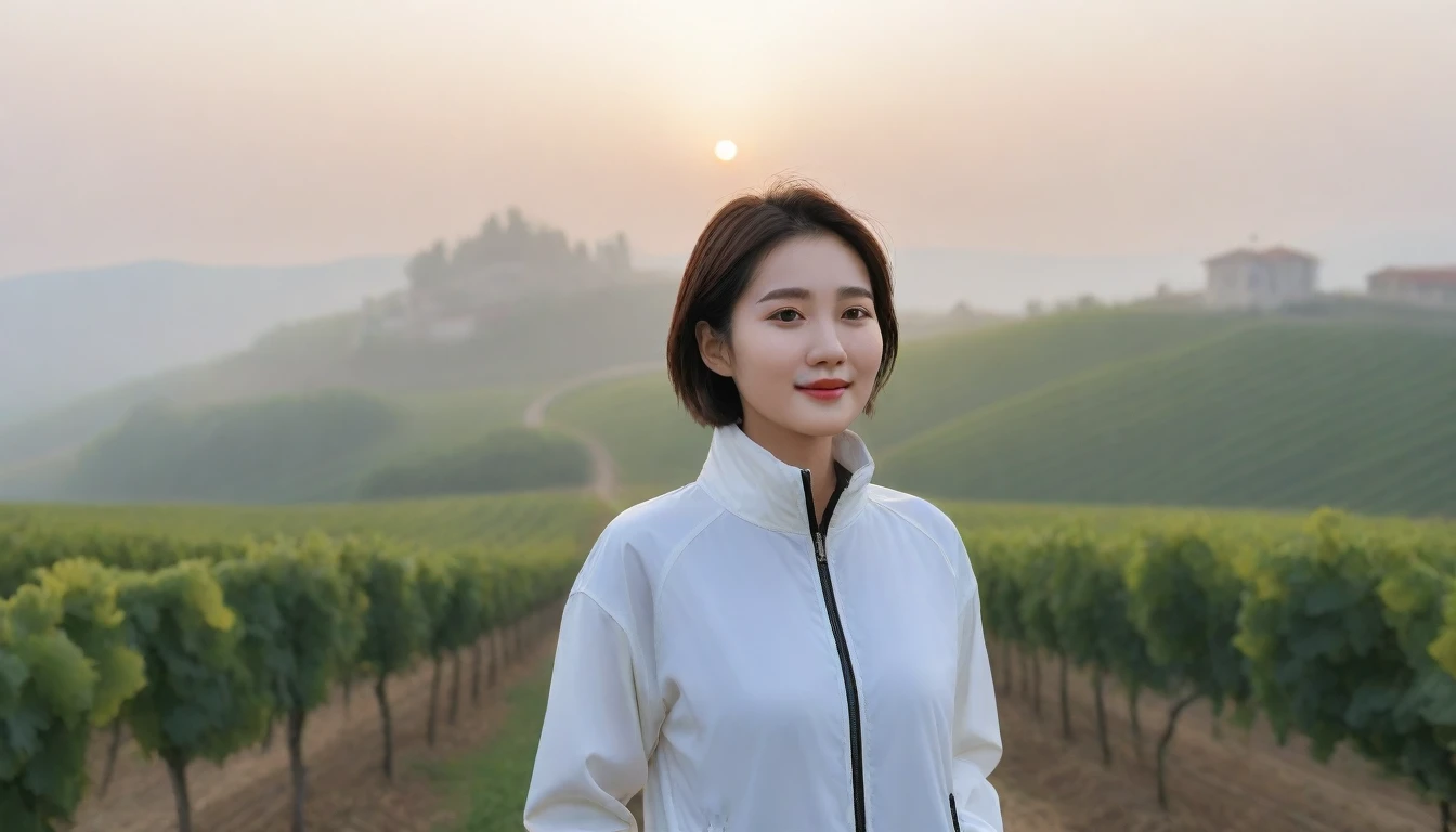 8k realistic, lifelike photo,, 36 year old Korean woman, Short in stature, pretty like a model. High-end luxury brand windbreaker, white casual pants, short medium hair, Smiley, Italy. vineyard, thick dawn fog. vineyard 멀리 짙은 안개 속으로 마을이 보인다. 1 woman, Short in stature, Excellent picture quality, The morning fog is thick, The picture quality is alive. 옆면 look up, sunrise red light, A monastery can be seen in the distance, . Smiley, Wide angle lens upper body shot, look up, standing on the path, Show the pants part