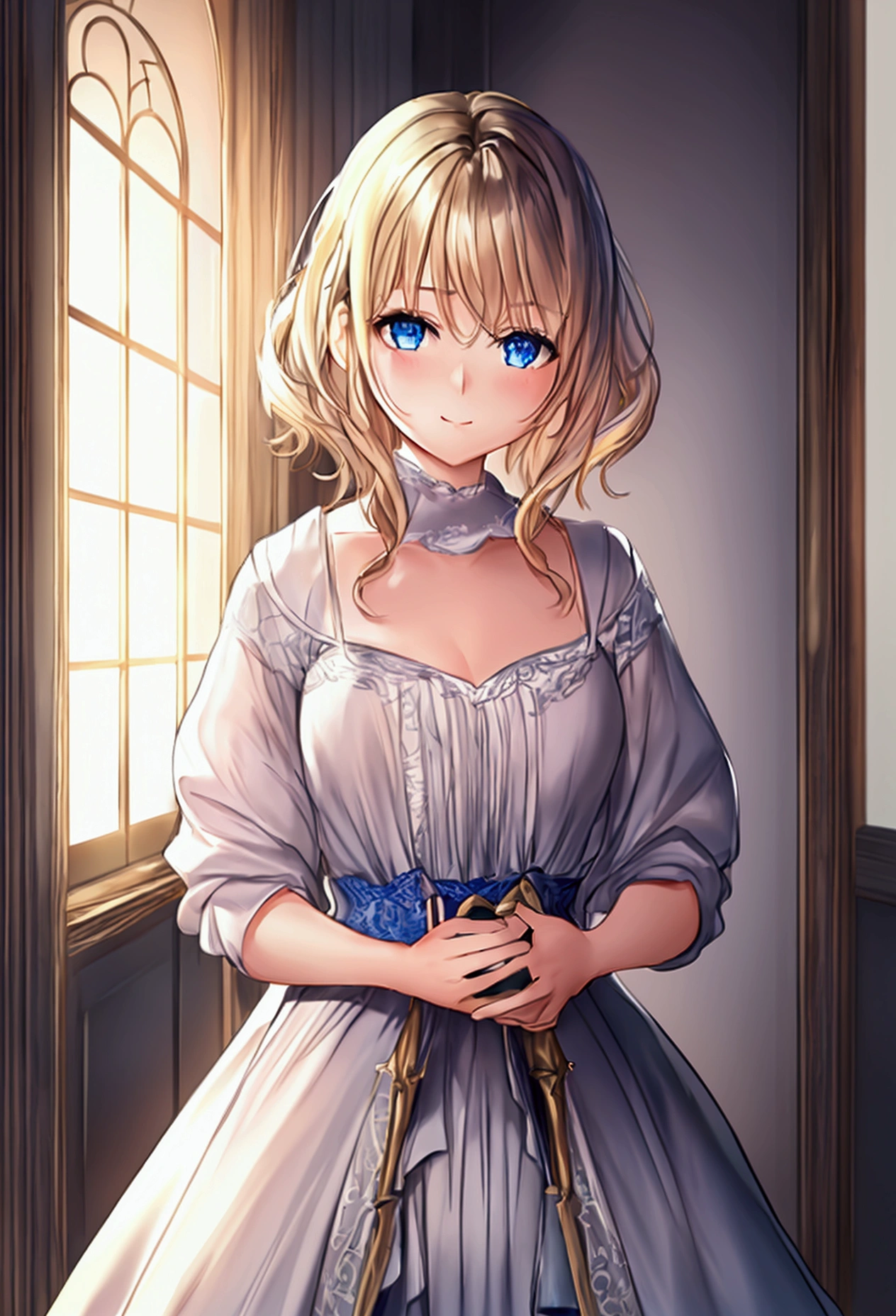 night, Raw photo, (((Very beautiful portrait))), (Very beautiful portrait))), girl, , ((Natural short golden hair)), [Blue eyes],A gentle smile looking at the camera, ((masterpiece, 最high quality, Super detailed, Cinematic lighting, Exquisite detail, High resolution, 8k, Very detailed)), Detailed Background, 8K Ultra HD, Digital SLR, Soft lighting, high quality, Film Grain, Fujifilm XT3, Shallow depth of field, Natural light