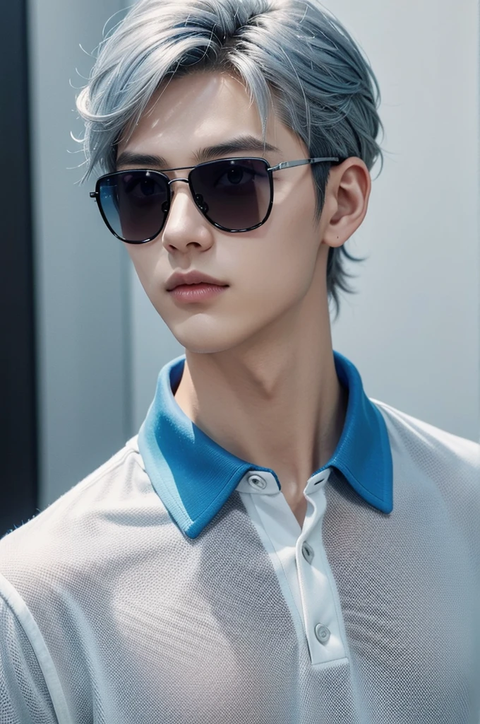 Hair up to the neck、male、Blue lens sunglasses、Silver mesh hair color、Polo shirt