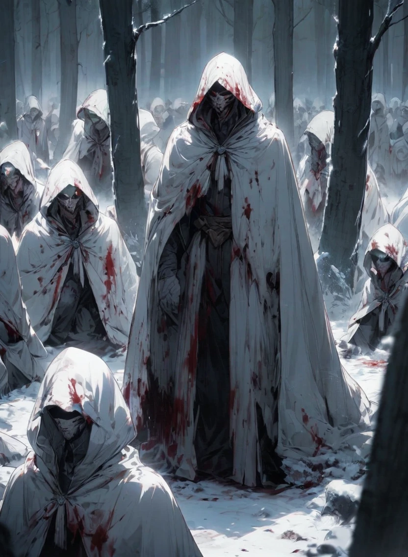 male warlock dnd, undead body, wearing a bloodstained white hood cloak with a blood, in a dark forest, surrounded by a cold
