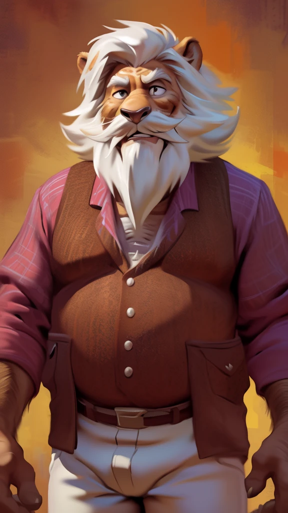 by chunie by catsudon by retros, male,ridiculuous,((mature,mature male)),((Bearded,mustache)), felid, solo, Lion,(white hair), facial hair, facing viewer, ((Highly detailed face)), (((Grandpa Figure))), ((smilling)), red and orange abstract background, ((white,short pants)), smile, ((((wise)))),
