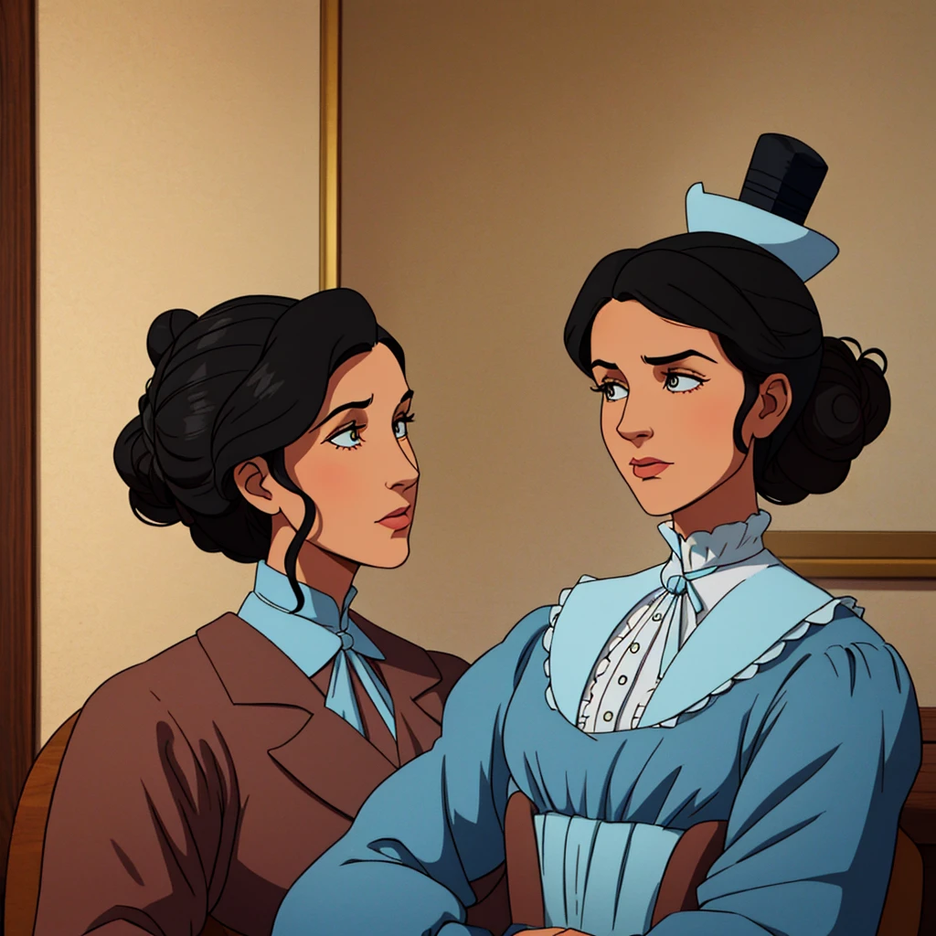 A colored pencil drawing of a pretty victorian governess, curly black hair. Kind and inteligent energy. hair in bun, hat