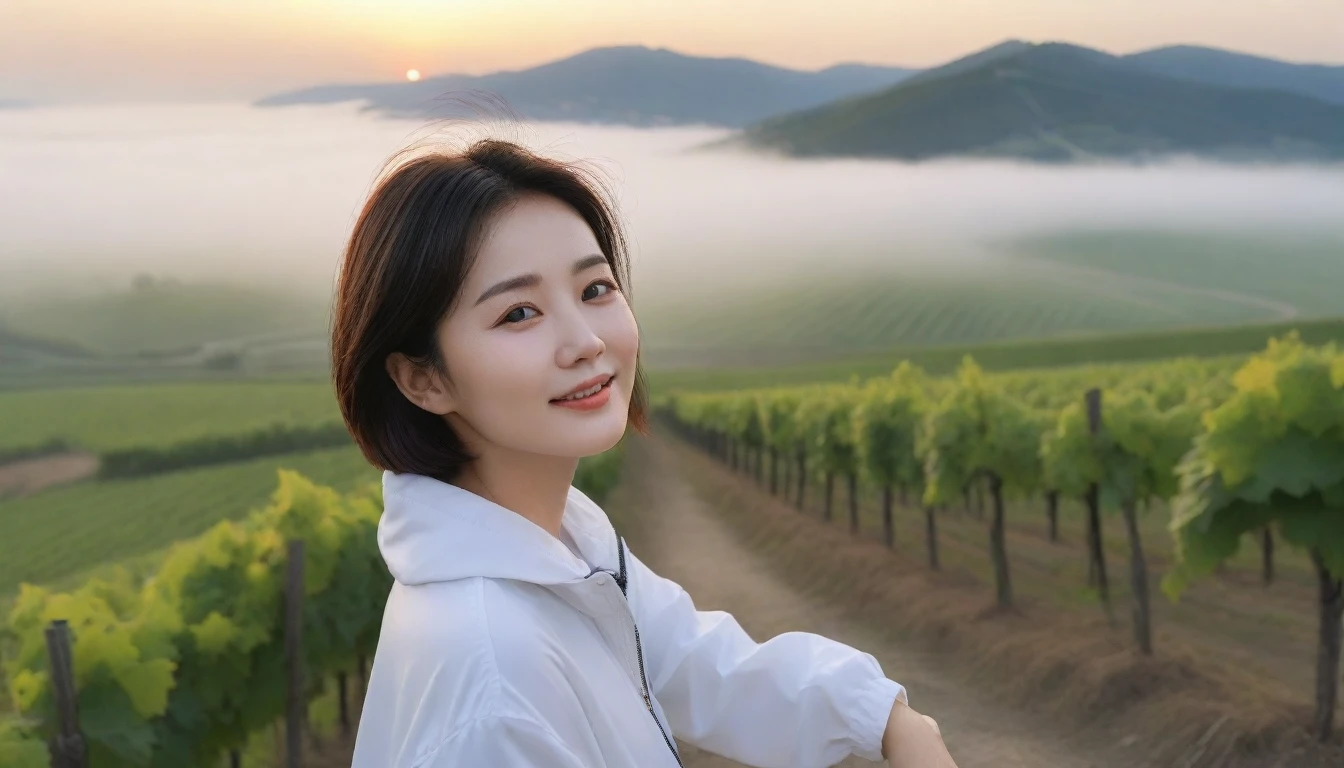 8k realistic, lifelike photo,, 36 year old Korean woman, Short in stature, pretty like a model. High-end luxury brand windbreaker, white casual pants, short medium hair, Smiley, Italy. vineyard, thick dawn fog. vineyard 멀리 짙은 안개 속으로 마을이 보인다. 1 woman, Short in stature, Excellent picture quality, The morning fog is thick, The picture quality is alive. 옆면 look up, sunrise red light, A monastery can be seen in the distance, . Smiley, Wide angle lens upper body shot, look up, standing on the path, Show the pants part