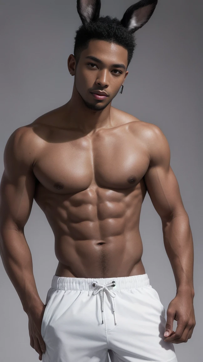 black skinned man with white wavy hair with rabbit ear head accessory a visibly fit athletic body shirtless wearing a black swim trunks , Masterpiece artwork