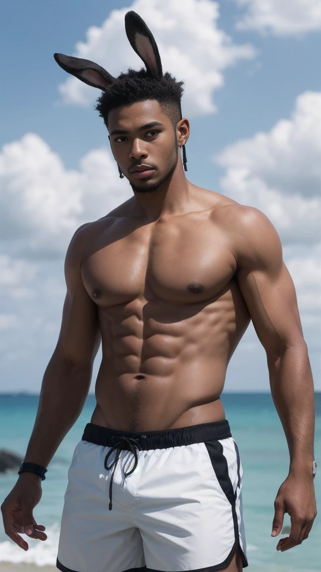 black skinned man with white wavy hair with rabbit ear head accessory a visibly fit athletic body shirtless wearing a black swim trunks , Masterpiece artwork