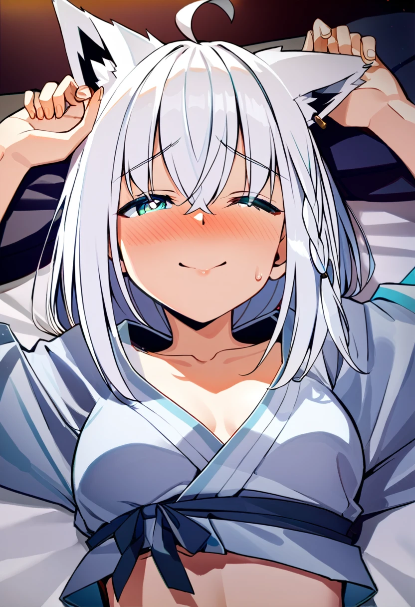 one girl, Shirakami Fubuki, fox ears, white hair, upperbody focus, yukata, beautiful, cute, naughty mood, lying on bed, naive, love me, shy