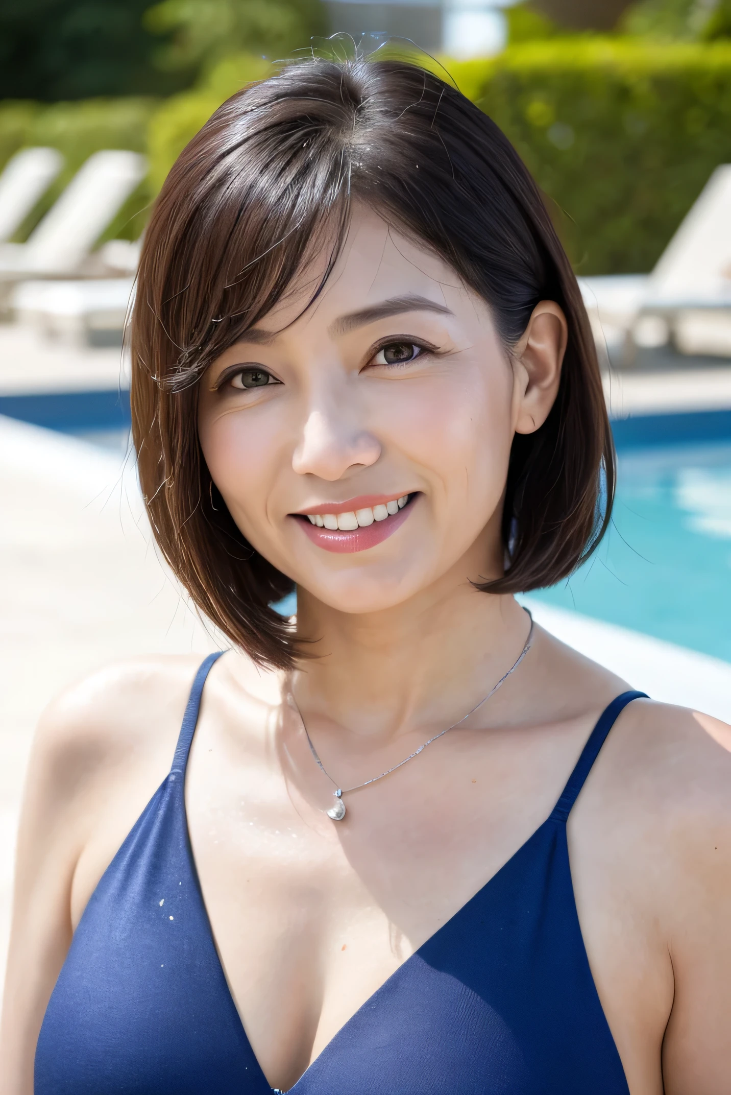 最high quality, In 8K, Masseter region, Real, Sharp focus, high quality, High resolution, Detailed face, Detailed eyes, Thick lips, Background Blur, alone, Middle-aged women, , 55 years old, , color々Hairstyle, Cleavage, ((Mr.々Swimsuit)),Poolside, Wrinkles around the eyes, Smiling with teeth showing、(Wet Hair)、((no neckless))