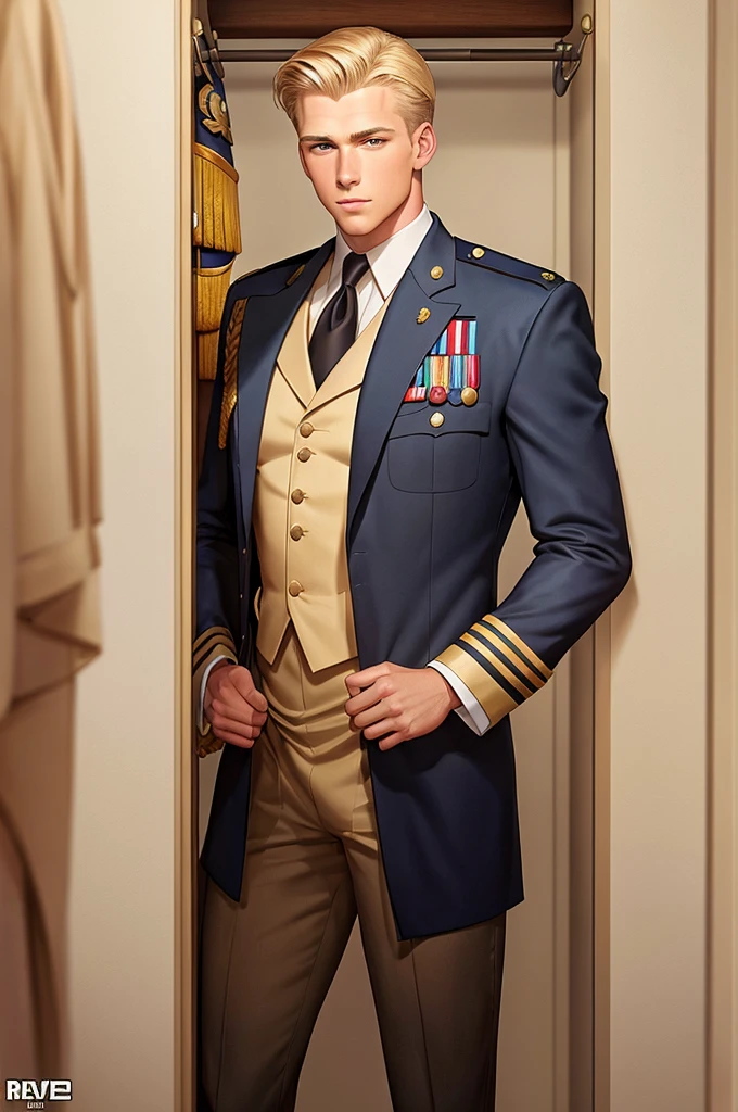 Leyendecker style illustration : A handsome blond guy, 17 years old, looks at the ceremonial officer's uniform of a "Navy Seal" with awards, which hangs on a suit hanger standing on the floor, and engages in masturbation. Watching him from behind is a naked, blond, muscular Navy SEAL officer, 35 years old, handsome and arrogant. The officer has a big dick, an erection, and a boner.