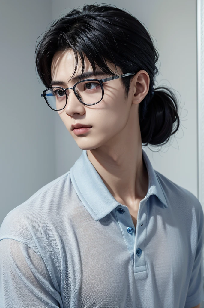 Hair up to the neck、male、Blue lens glasses、Silver Mesh、Polo shirt、((Mambang Hair))