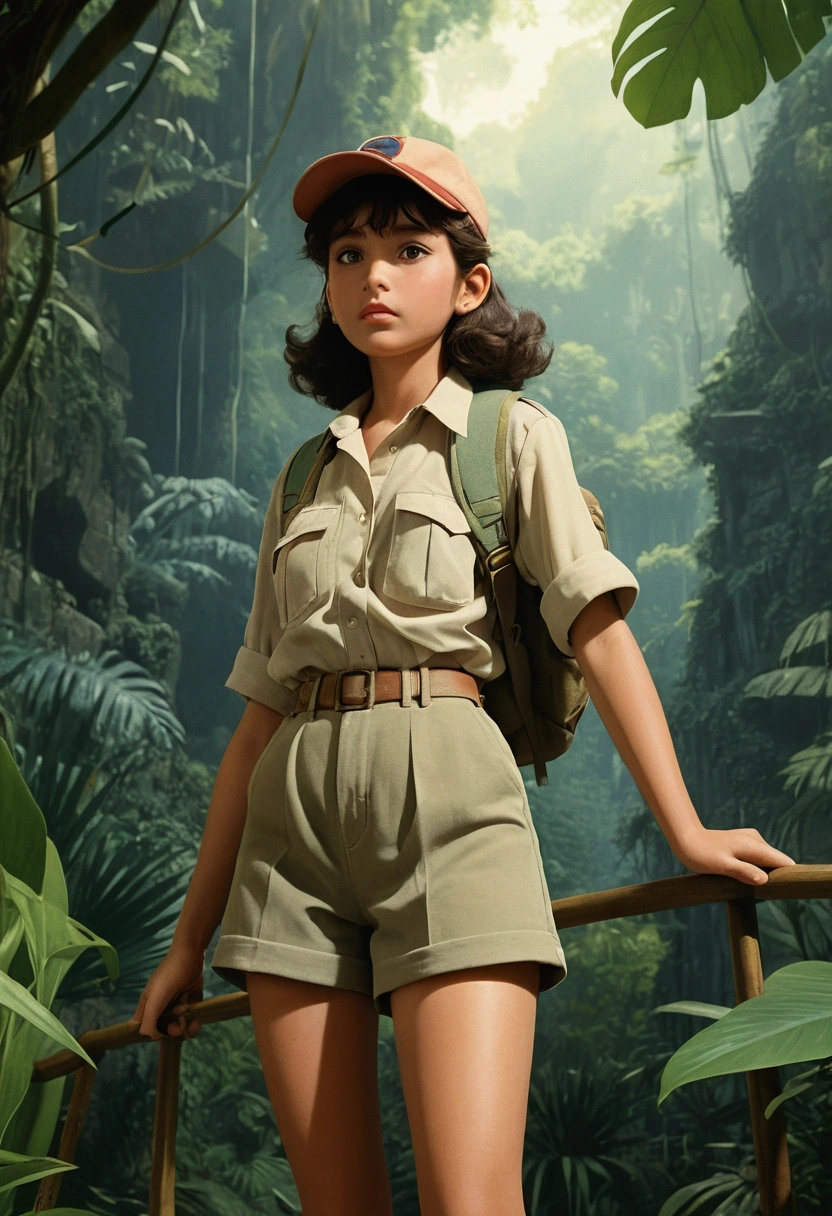 (Jungle Adventurer), against a dark background with a mysterious atmosphere and cool color tones with soft side lighting in the photography style of high contrast between light and shadow, glow effect, light leak, full body, award-winning, cinematic still, emotional, vignette, dynamic, vivid, (masterpiece, best quality, Professional, perfect composition, very aesthetic, absurdres, ultra-detailed, intricate details:1.3)