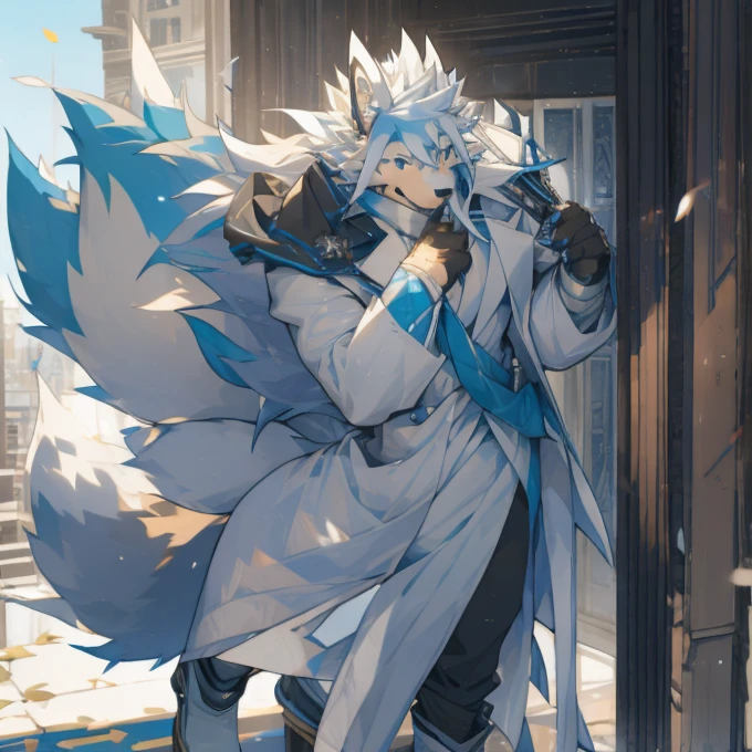 Nine-tailed Fox Beastman，White hair，White hair with light blue and lavender hair，masterpiece，White robe，180，20 years old，Black boots，Wearing gloves on hands，Elegant gentleman，Coming down the stairs，Holding a closed folding fan，Retired military personnel，youth。